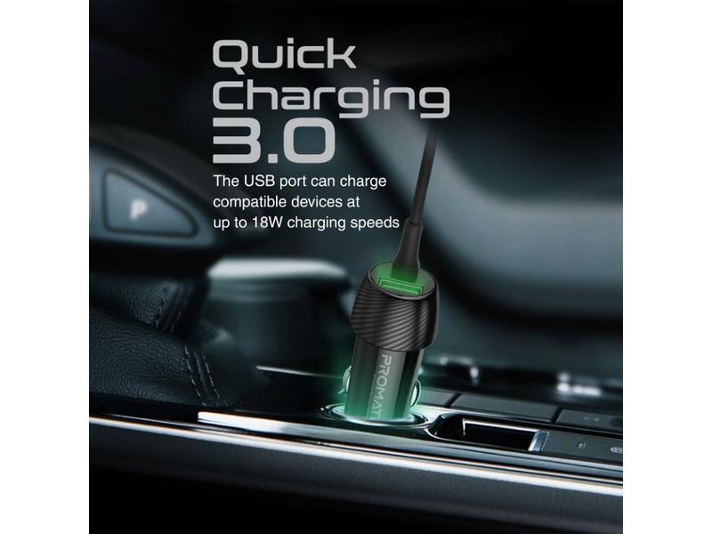 Promate Autoladegerät PowerDrive-33PDCI QC3.0, Car Charger Schnelllade-Adapter mit USB-C und Lightning Spiralkabel