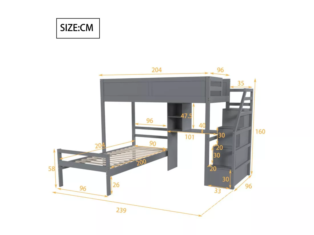 Lit superposé 90x200cm en bois massif - avec escalier de rangement et bureau - Gris