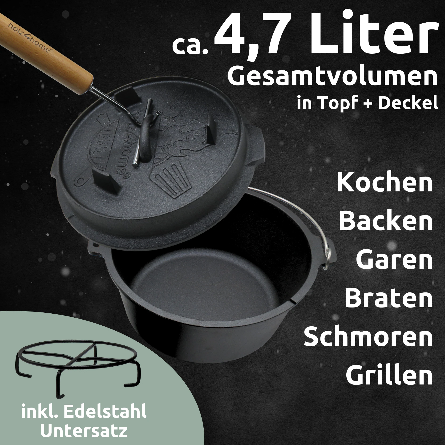 holz4home® Dutch Oven Set 9-teilig in Holzkiste I 4,7L Feuertopf Viel Zubehör: kleiner Topf, Grillplatte, Pfanne, Handschuhe uvm.