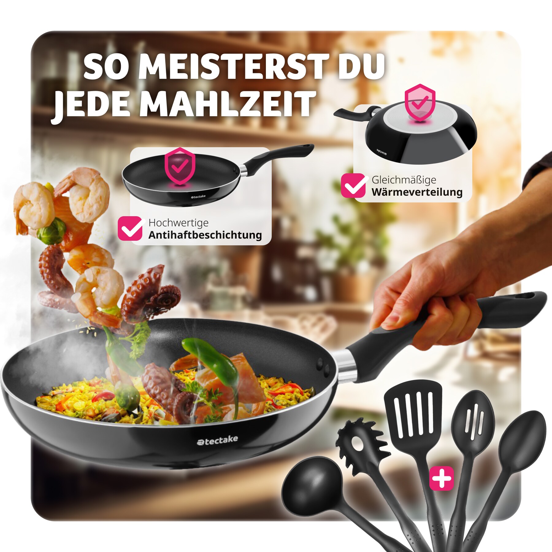 tectake® Kochgeschirr-Set, 15-teilig, Glasdeckel mit Dampfabzug, 5 Küchenwerkzeuge