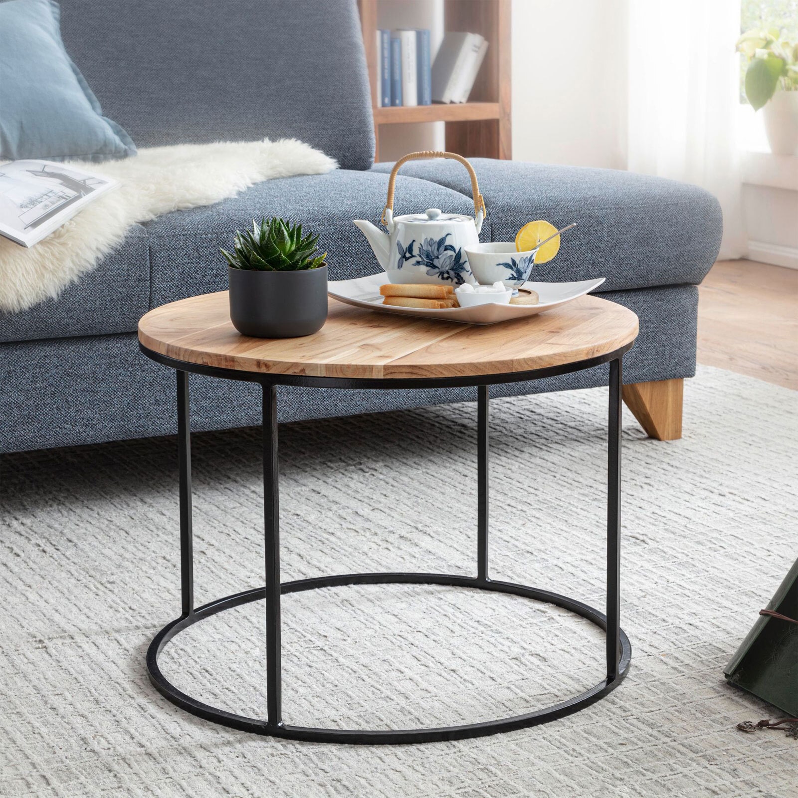 Couchtisch rund Ø 60 cm Schwarz/ Akazie massiv
