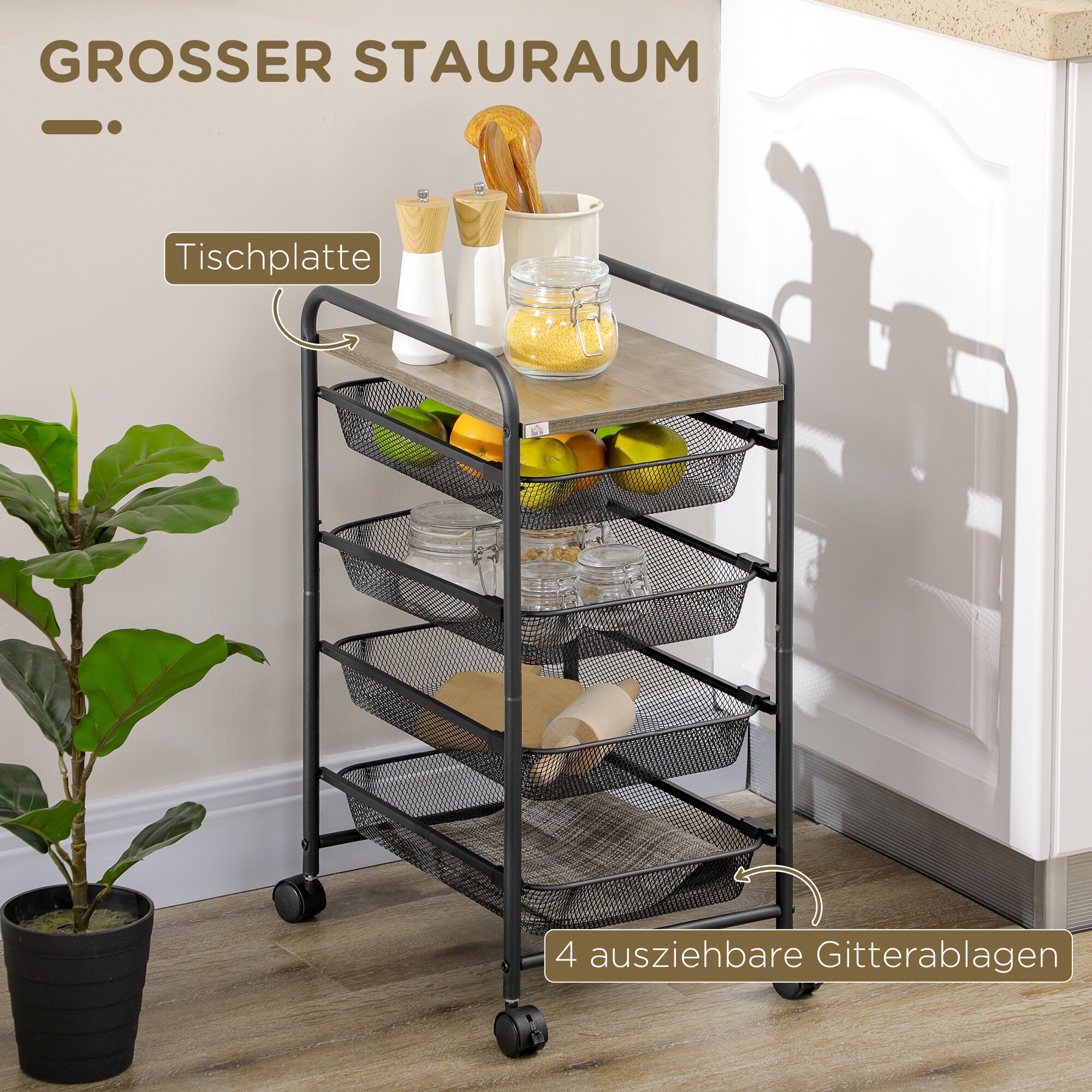 HOMCOM Rollwagen mit 4 Körben und eine Ablagefläche schwarz 41,5L x 31B x 66H cm