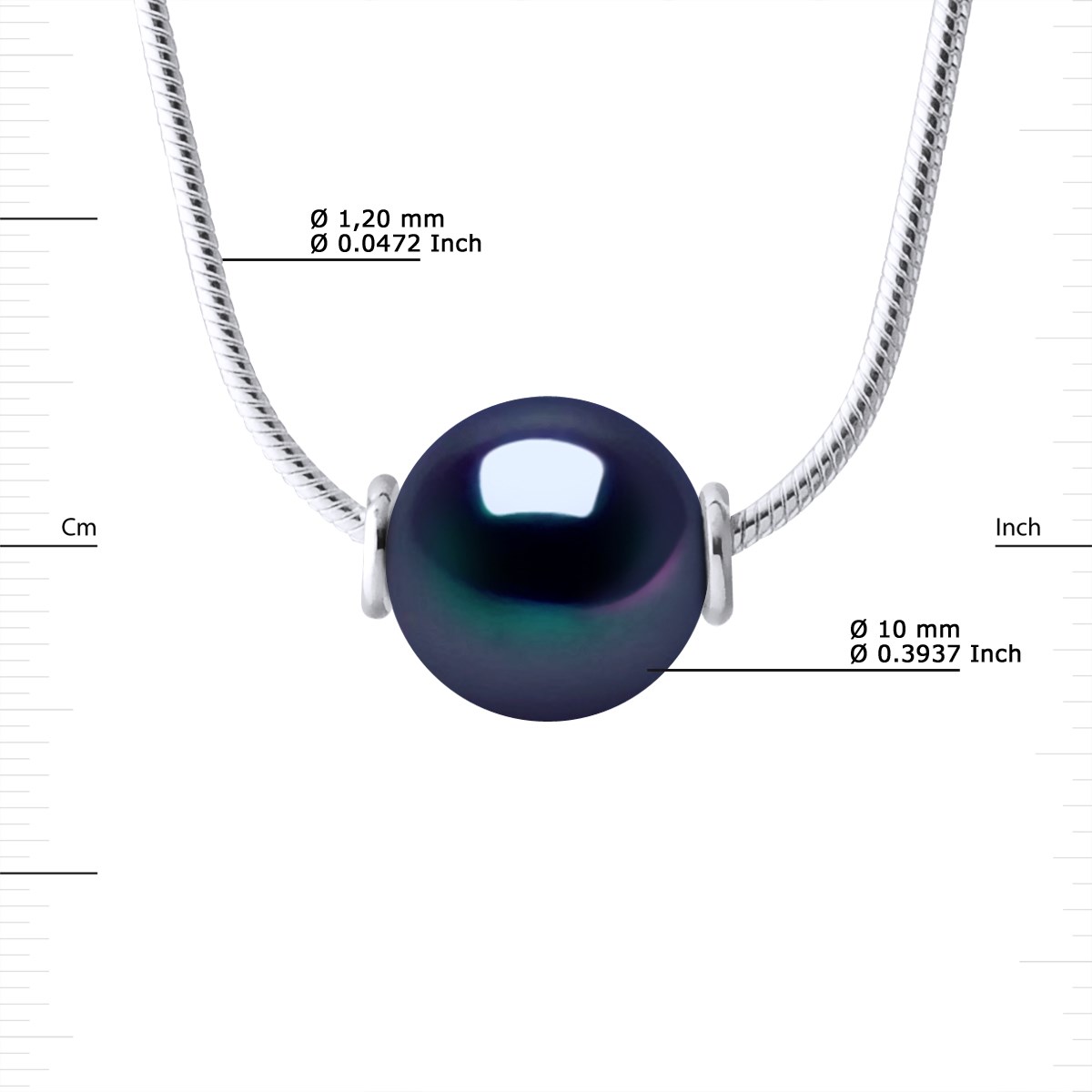 Collier Perle d'Eau Douce Ronde 10-11 mm Noire Maille Serpentine Argent 925