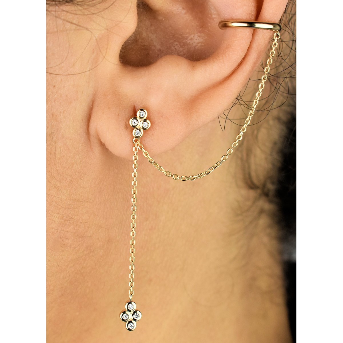 Clip d'oreille earcuff double chaînettes oxydes de zirconium pendants Plaqué OR 750 3 microns