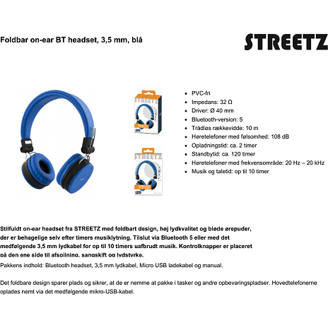 STREETZ BT200 trådløse on-ear høretelefoner - blå