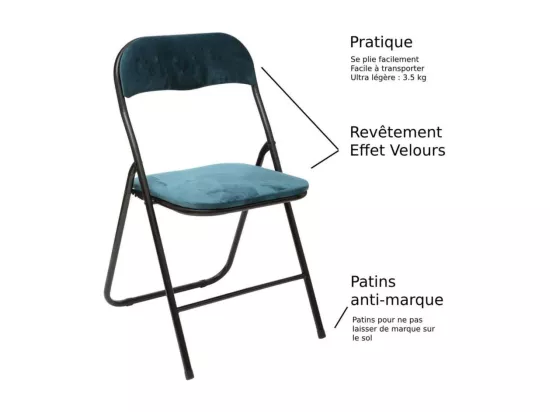 Chaise pliante confortable en métal et velours Bleu Canard H 79 cm