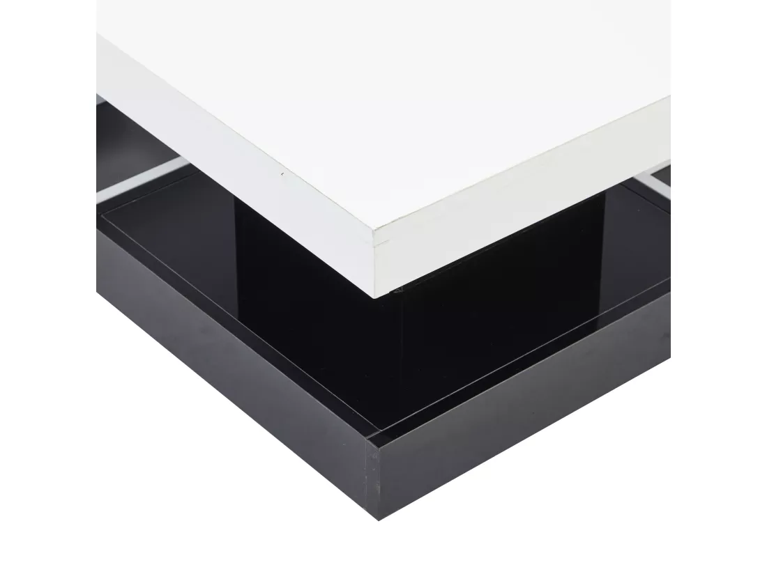 Table basse avec rangements 70x70x36 cm - plateau brillant orientable à 360° - Blanc & Noir