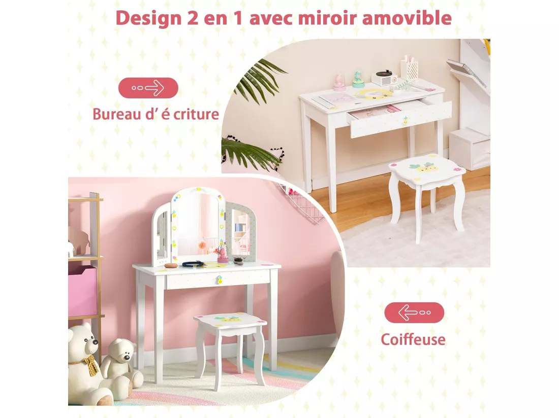 2 en 1 Coiffeuse Enfants avec Tabouret & Miroir à 3 Volets, Table de Maquillage avec Tiroir & Motif d'Ananas, Dispositif Anti-basculement, Charge 30/50kg pour 3 Ans+