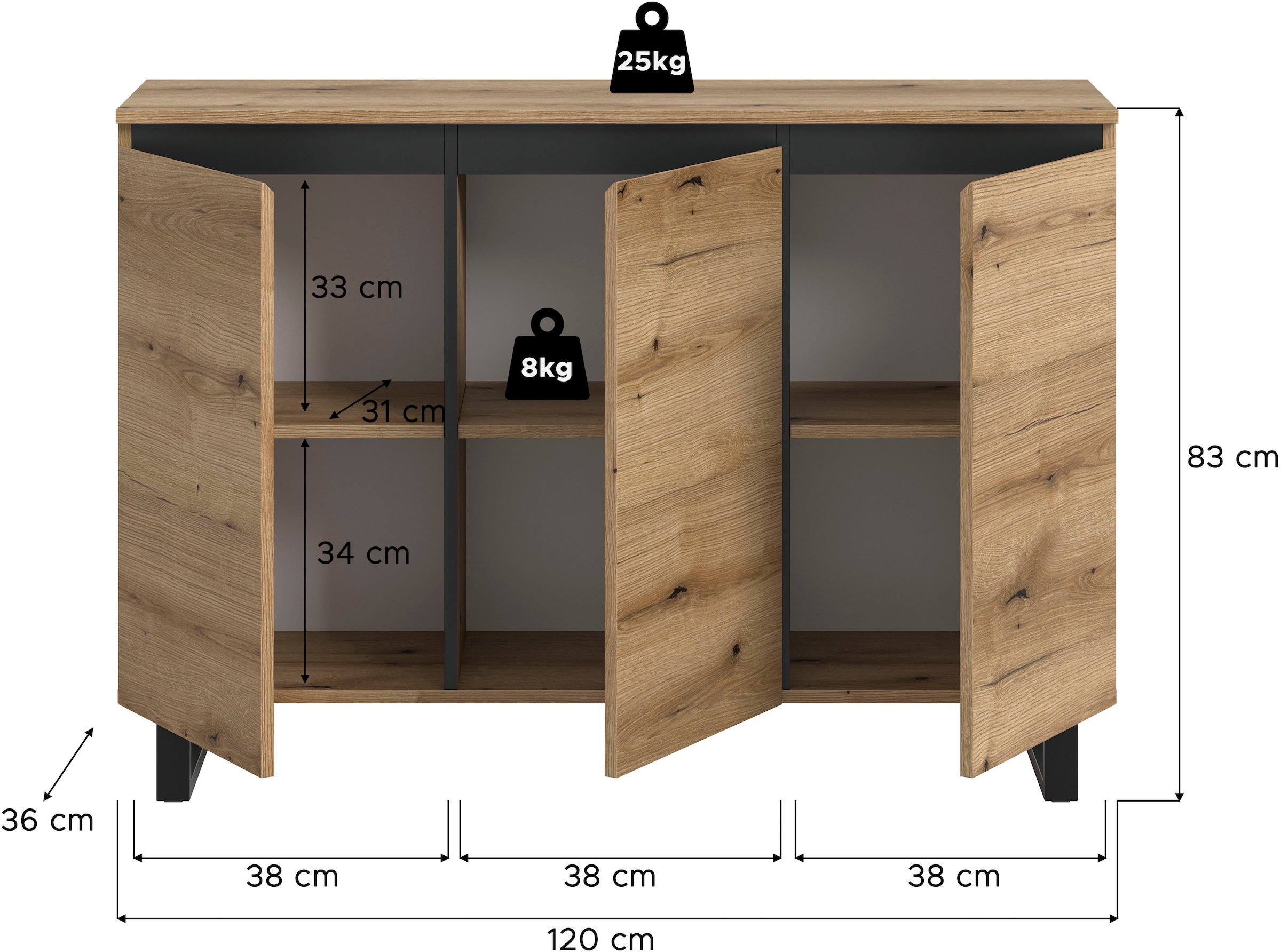 INOSIGN Sideboard »TOMA, Breite: 120 cm, mit Metall-Kufen-Fuss, 3 Türen, 3 Einlegeböden« Anrichte, Kommode, Schrank, Board, Higboard