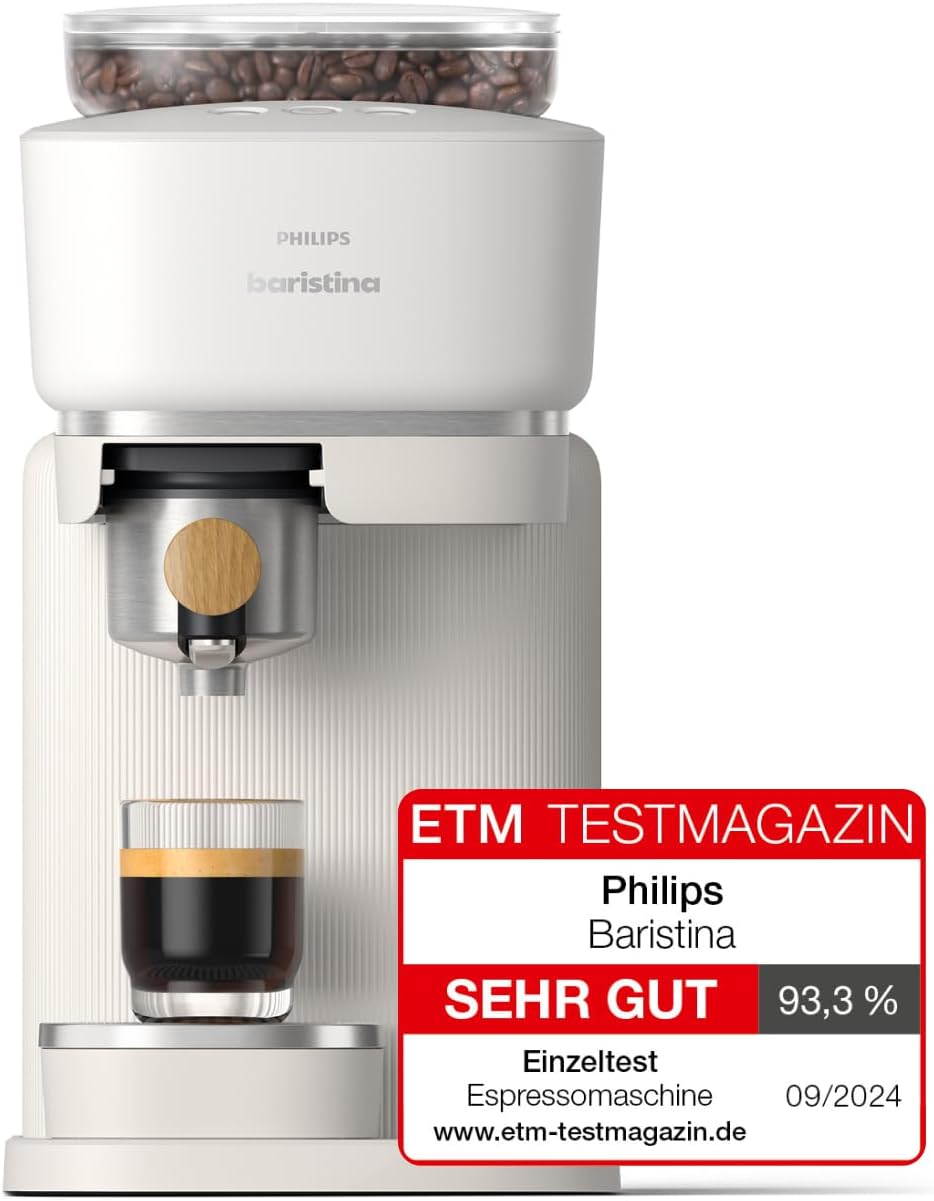 Philips Baristina Espressomaschine - Real Espresso, made simple. Kompakte Kaffeemaschine, Naturweiß mit Eschenholz-Siebträger, 16-bar-Pumpendruck, automatisches Mahlwerk, Cafe Crema (BAR302/20)