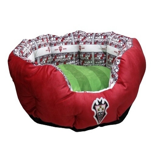 Cama para cães com tema de futebol do estádio Albacete Balompié, vermelha.