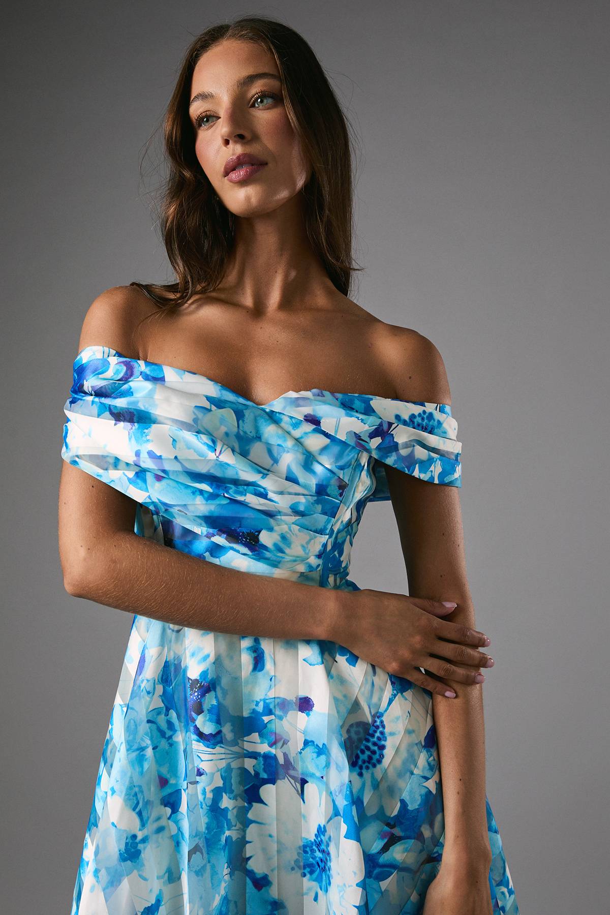 Coast Robe Midi à Imprimé Floral avec Haut Plissé en Organza Rayé