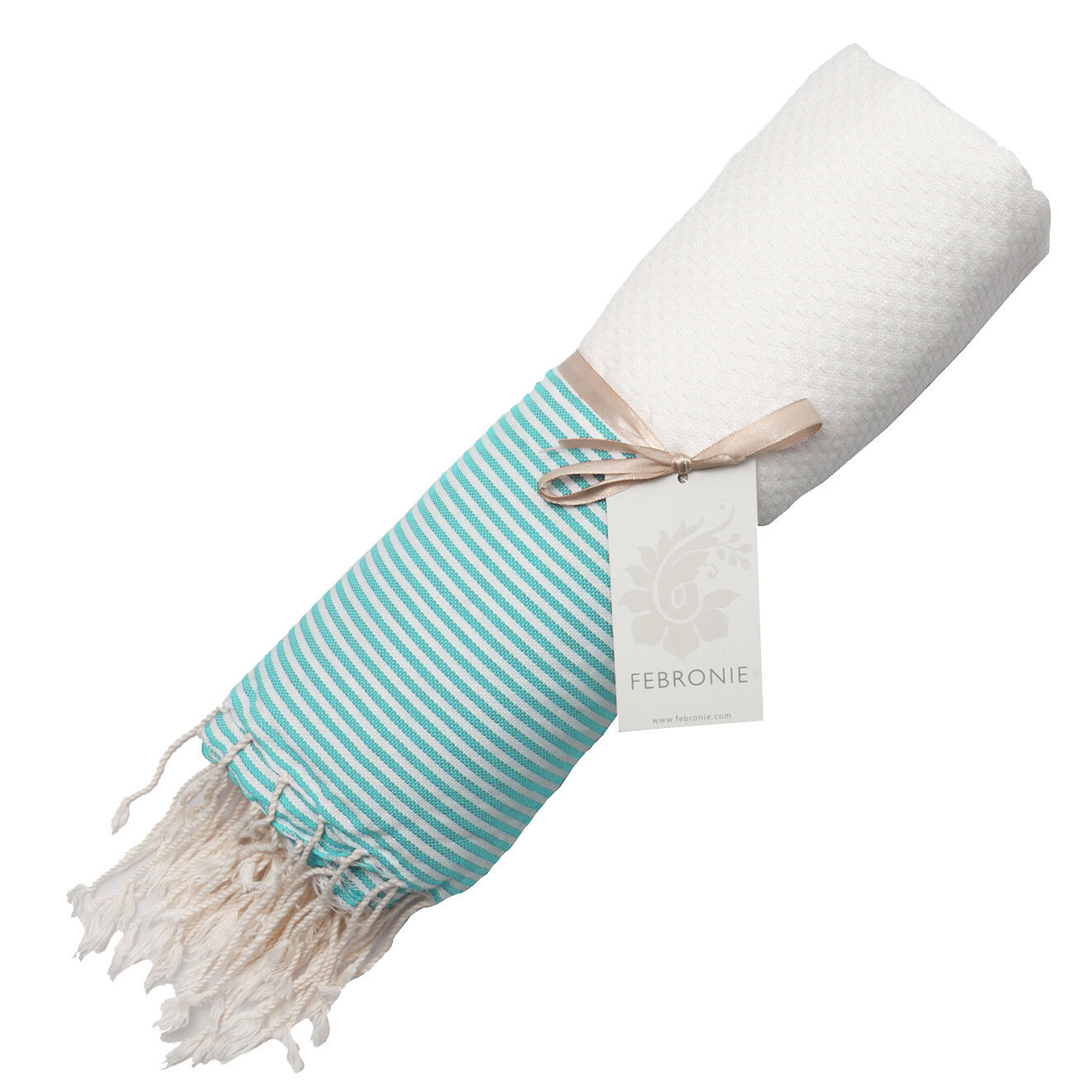 Febronie Fouta Nid d'Abeille Ibiza blanc/aqua - 100x200 cm