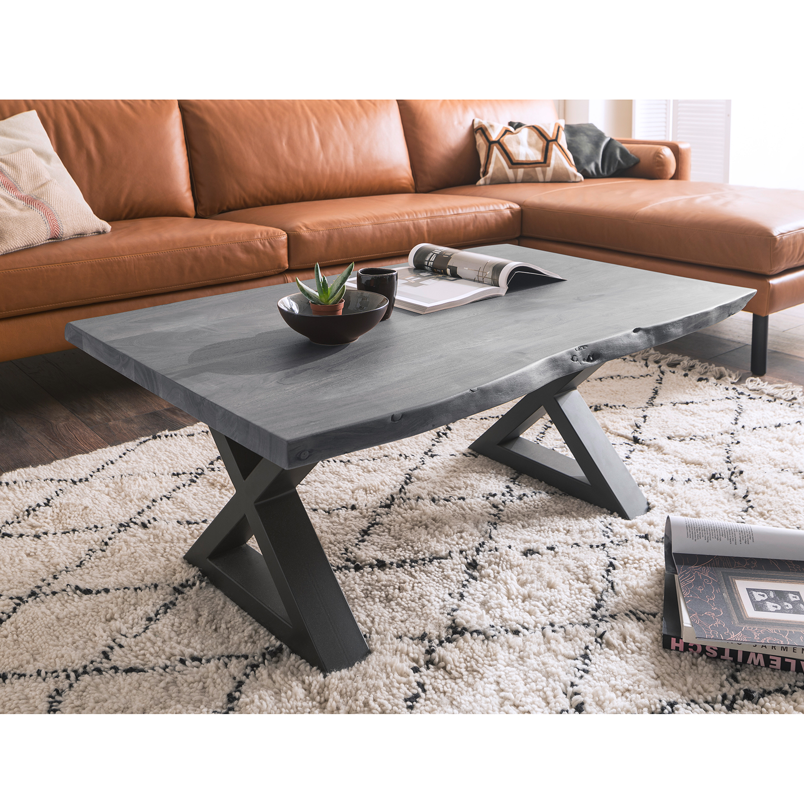 Couchtisch CARTAGENA - Akazie grau-anthrazit - X-Gestell - 110x70 cm