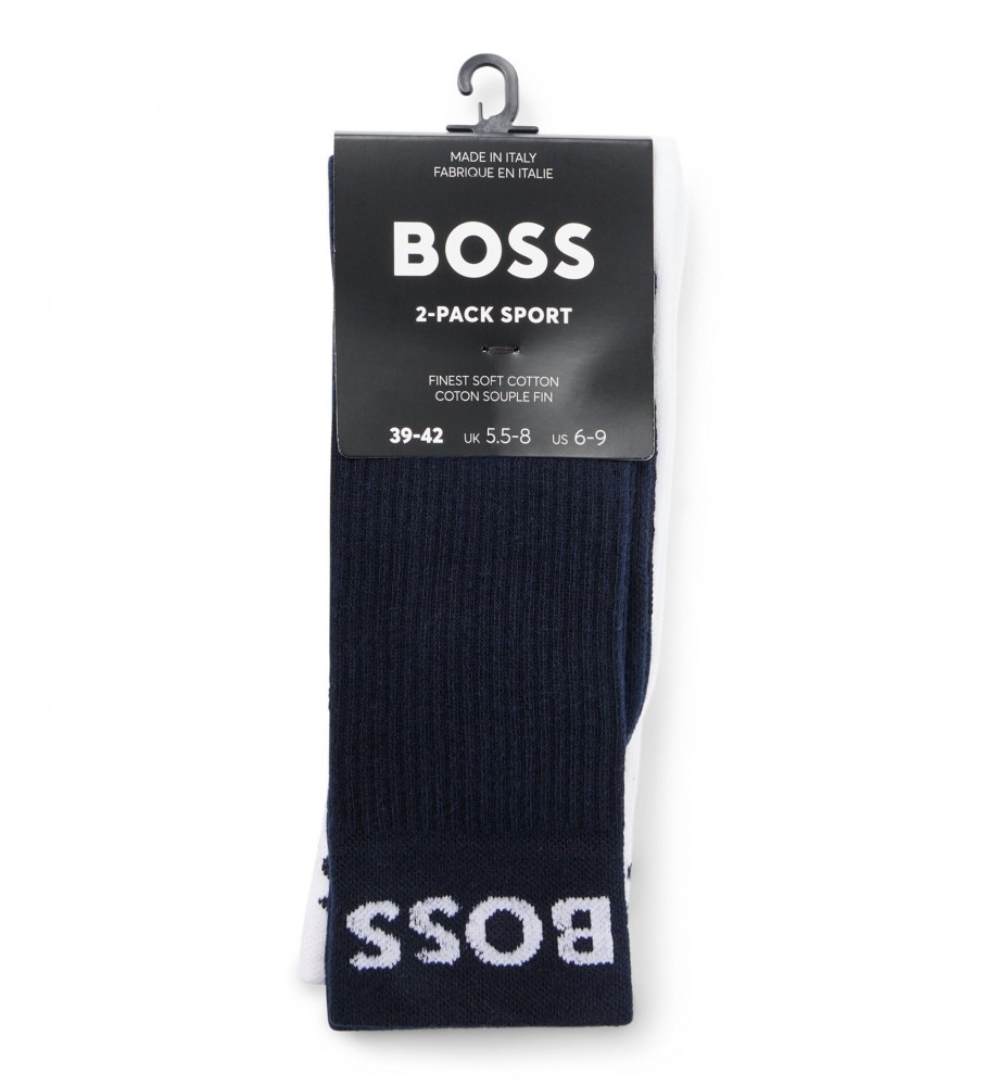 Conjunto de 2 pares de meias esportivas BOSS, azul-marinho e branco.