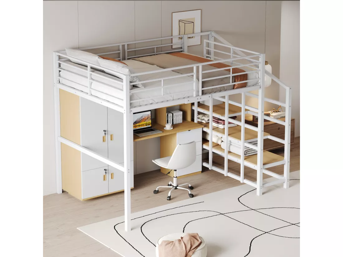 Lit mezzanine 140x200cm en métal - avec étagères et échelle de sécurité - Blanc (matelas non inclus)