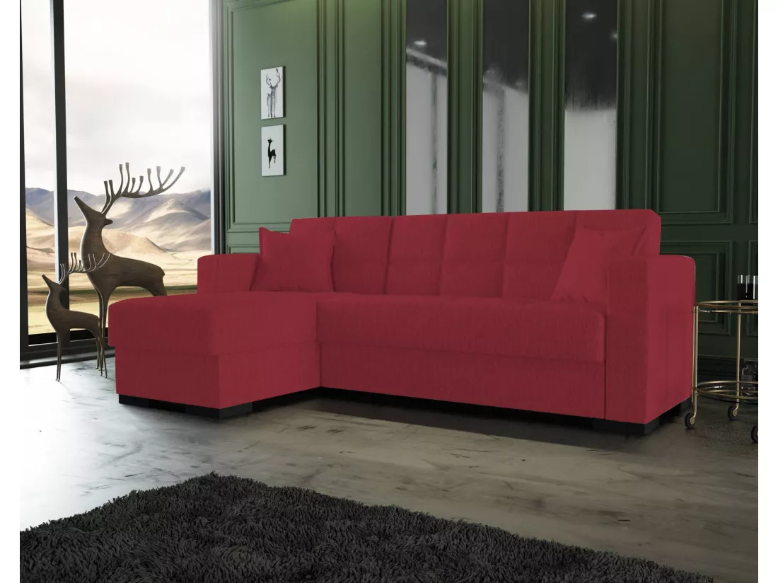 Canapé Ddajca, Canapé d'angle avec péninsule réversible, Canapé de rangement pour le salon avec chaiselongue et 2 coussins, 230x150h81 cm, Rouge