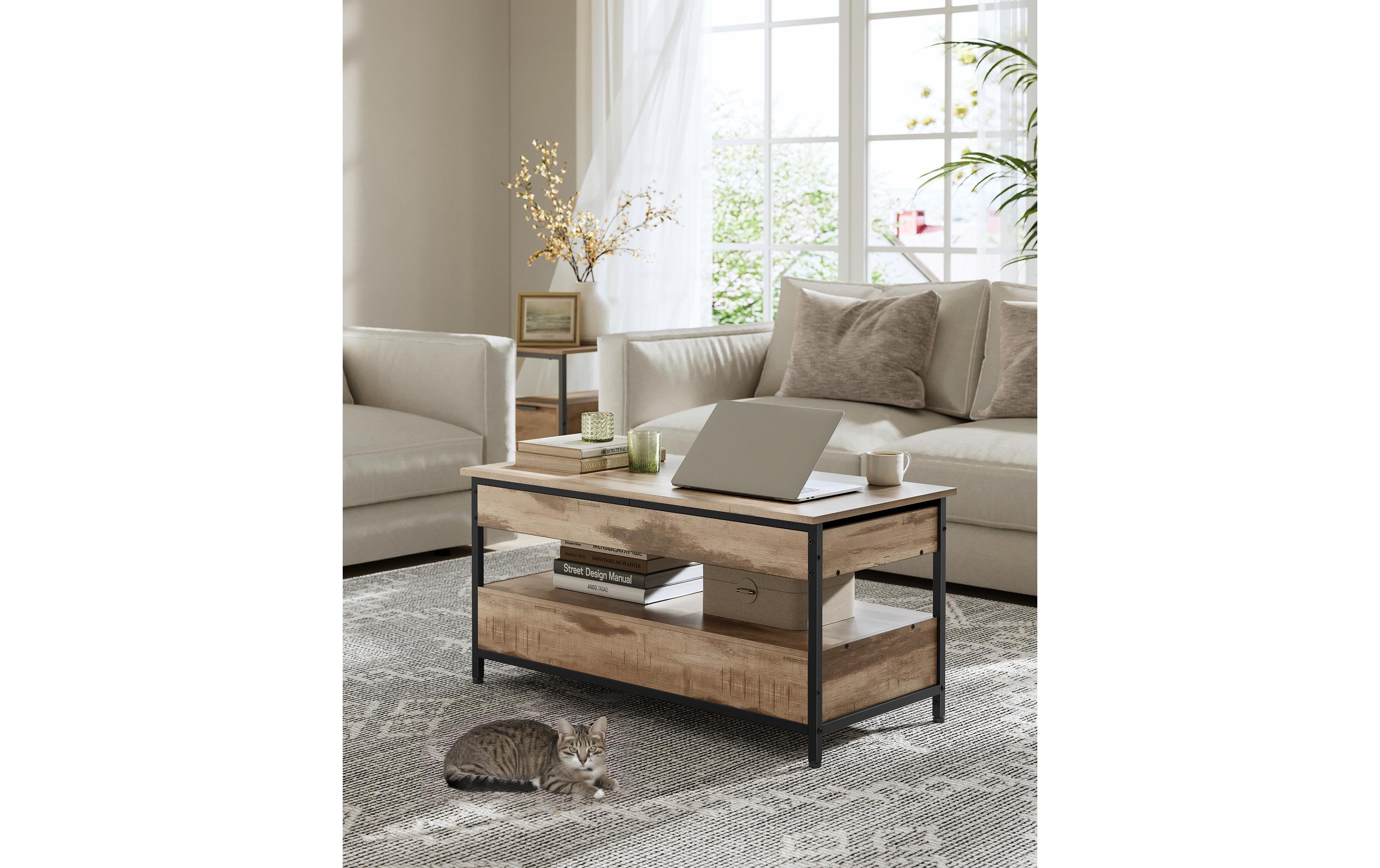 Couchtisch 100 x 48 cm/63 cm, Braun<br>Wohnzimmertisch mit hochklappbaren Schubladen
