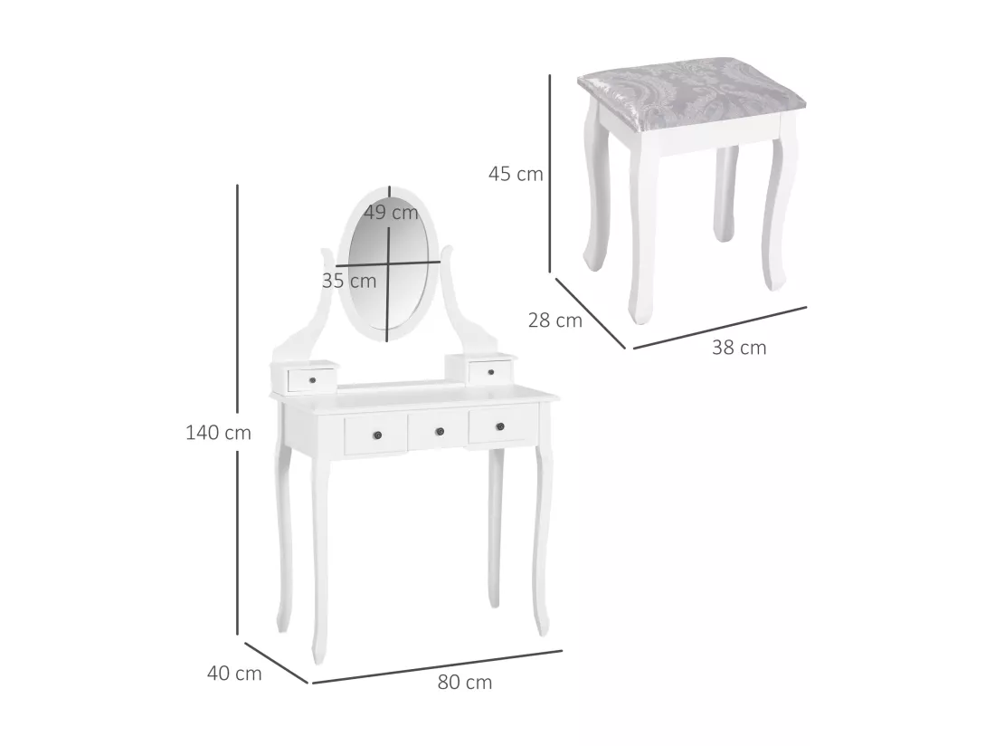 Coiffeuse et tabouret style baroque 5 tiroirs miroir ovale pivotant 360° MDF bois blanc