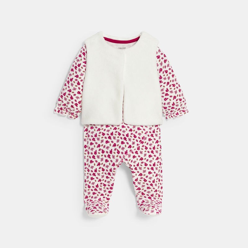 Dors-bien velours fleuri et gilet soft boa rose bébé fille Rose
