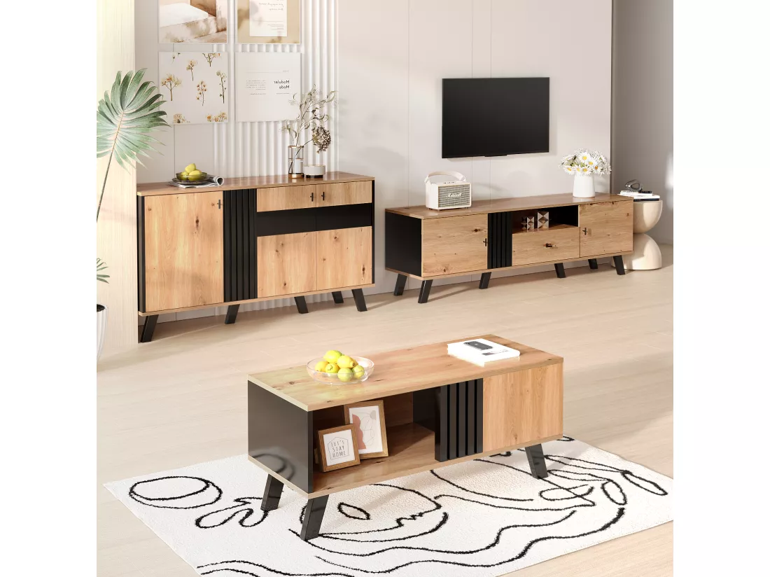 Table basse rectangulaire industriel effet bois et noir rangement 3 cotés 100x60x43cm TRONNEALL
