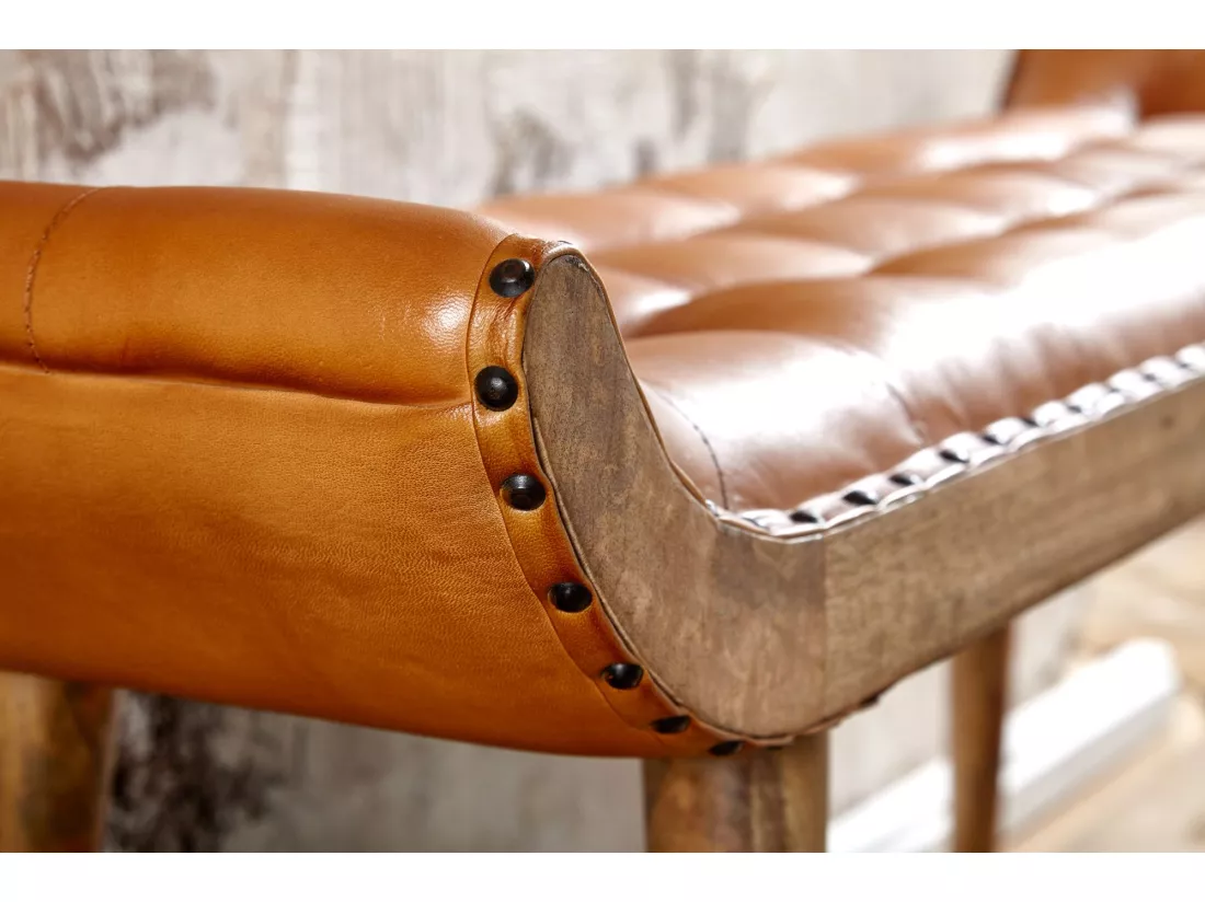 banc d'entrée Chesterfield banc rembourré en cuir véritable banc 125x50x38 cm