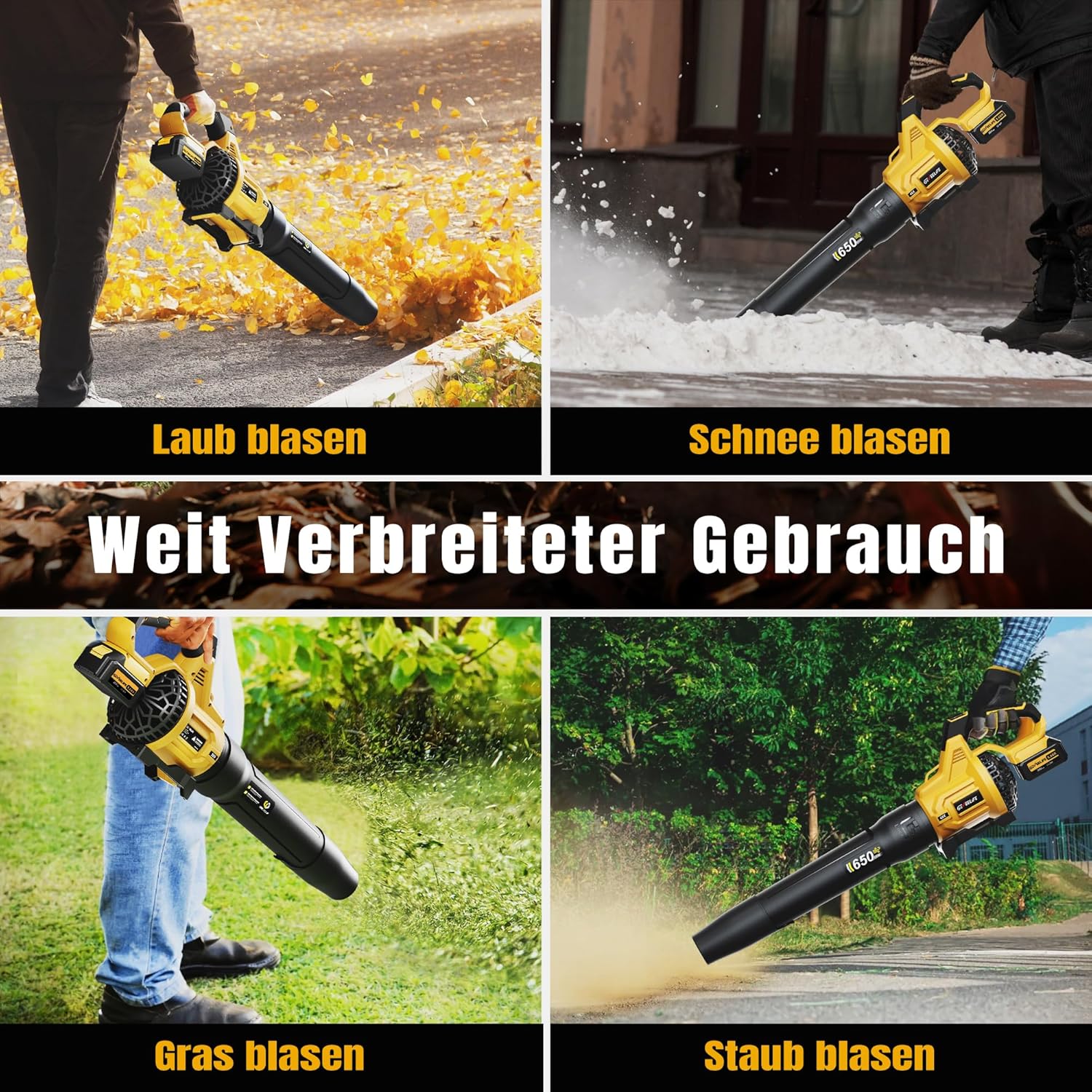 GEVEELIFE Akku-Laubbläser, 18V 257 km/h Elektrischer Laubbläser mit 3-Gang & 2x5,2Ah Akkus –Kabellos laubbläser für für Garten, Laub,Staub & Schnee (Inklusive Batterie), Gelb