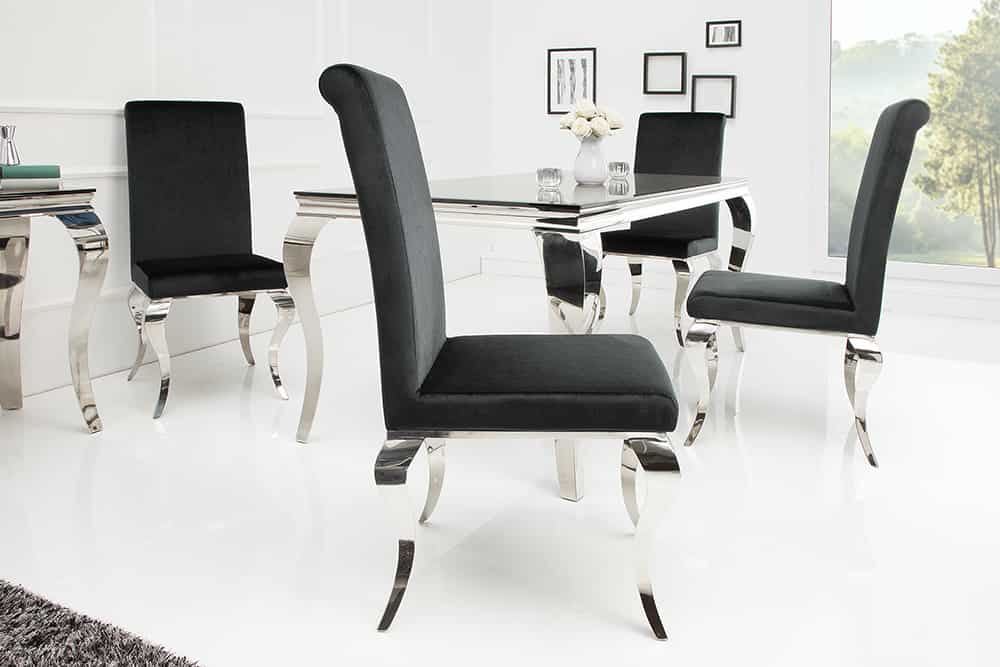 Eleganter Stuhl MODERN BAROCK schwarz Samt Stuhlbeine aus Edelstahl