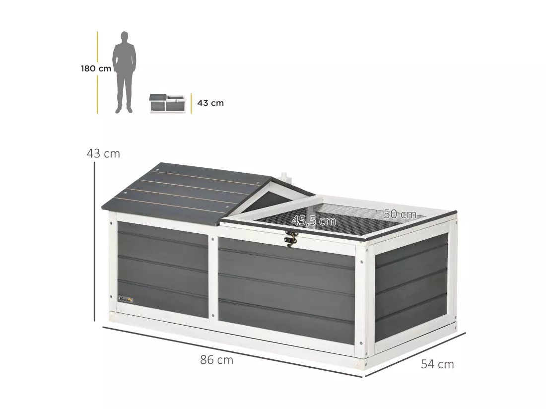 Enclos pour tortue - parc pour tortue - niche, enclos extérieur grillagé, toit ouvrant verrouillable - sapin gris blanc