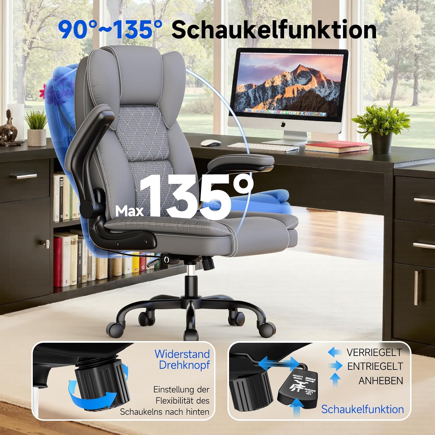 rattantree Bürostuhl, Großer Ergonomischer Bürostuhl mit Verstellbarer Lendenwirbelstütze, PU Leder Chefsessel, Drehstuhl mit Hochklappbaren Armlehnen, Liegestuhl für Büro und Zuhause, Grau
