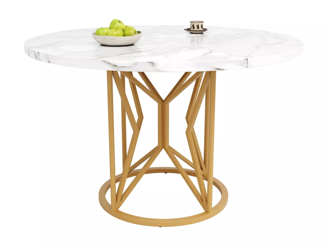 Table à manger ronde 4 à 6 couverts - D 100 x H 76 cm - Plateau en MDF marbré et pièds en métal doré - Blanc + or