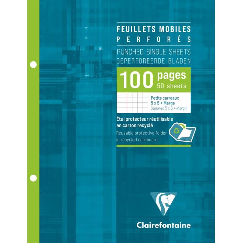 Feuillets mobiles sous étui 16,5x21cm 100 pages perforées 2 trous petits carreaux + marge - Blanc