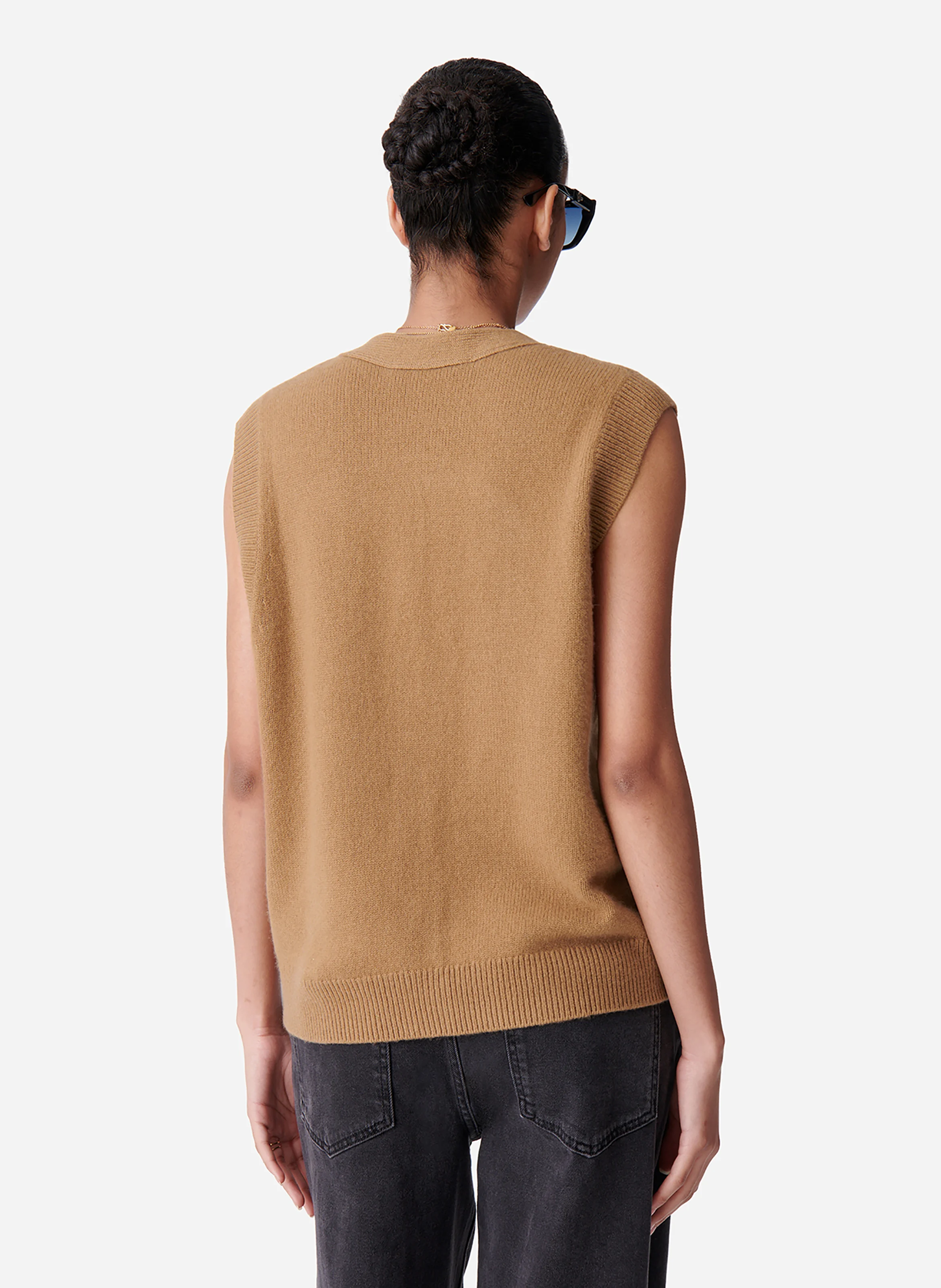 DASHLEY - Gilet droit col V en laine | Marron