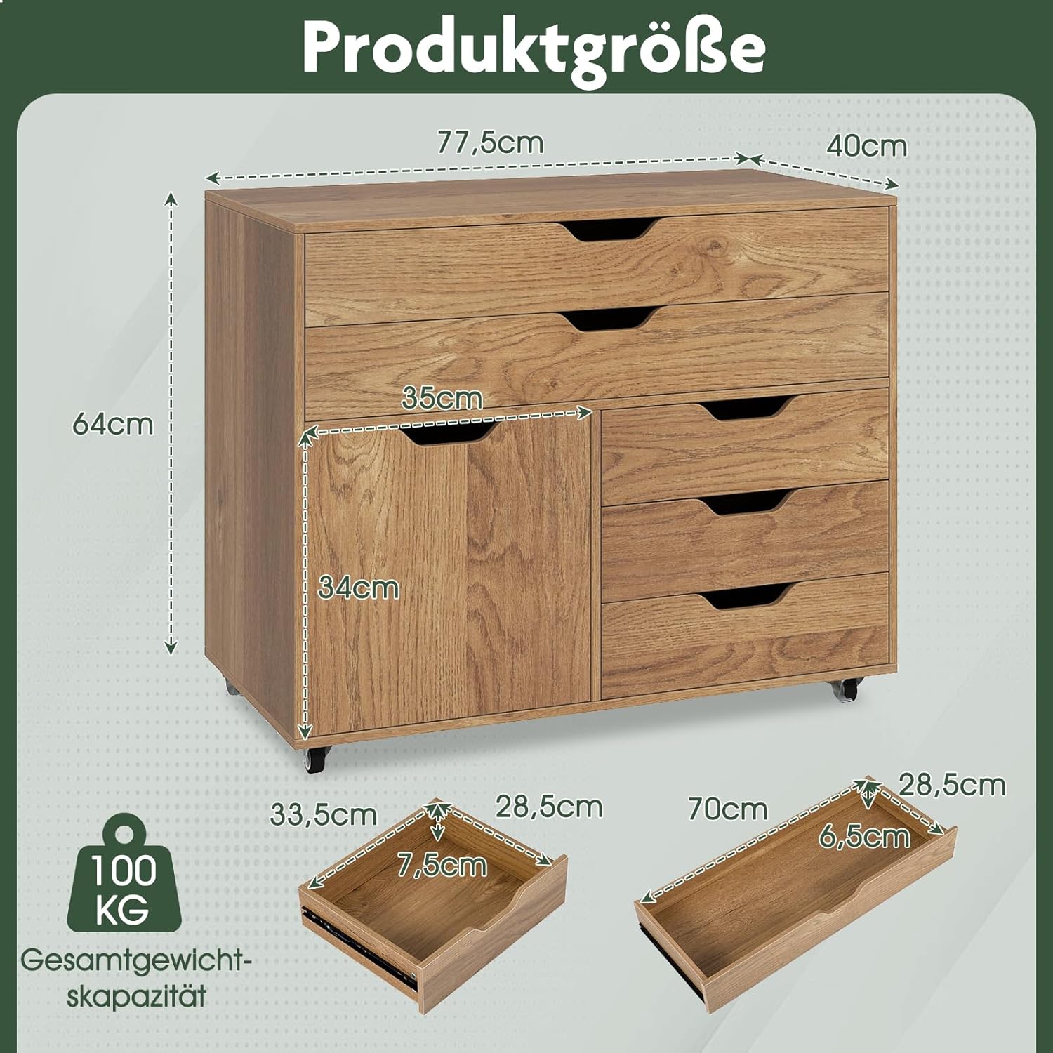 COSTWAY Rollcontainer mit 5 Schubladen & Schrank, mobiler Aktenschrank mit Rollen, Schubladenschrank mit Arbeitsplatte, Rollwagen Bürocontainer aus Holz für Zuhause, Büro (Natur,77,5 x 40 x 64 cm)