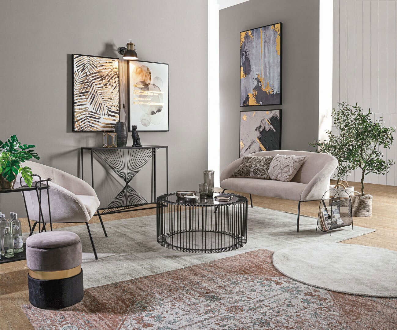 Pouf POLINA 2er Set grau/ goldfarbig/ schwarz