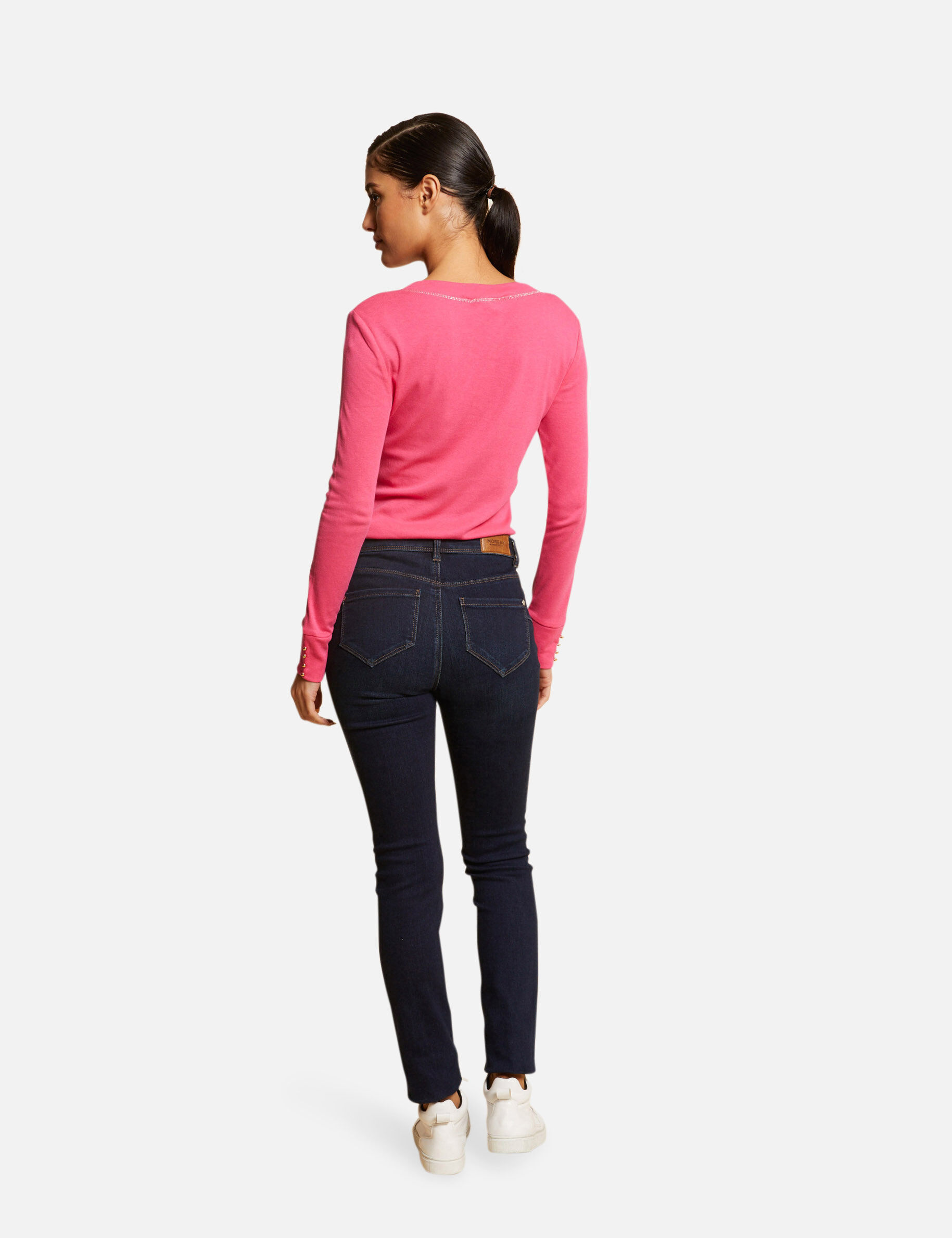 T-shirt manches longues avec col en V fuchsia femme - fuchsia