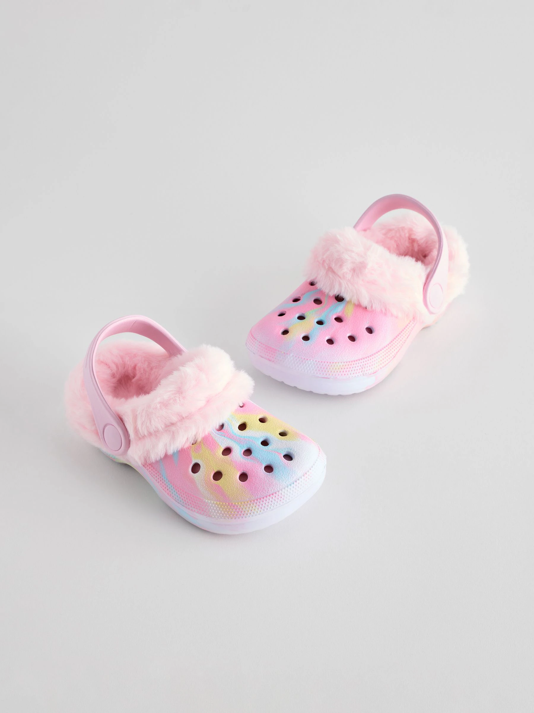 Roze met gemarmerde print - Pantoffelklompen met voering van imitatiebont