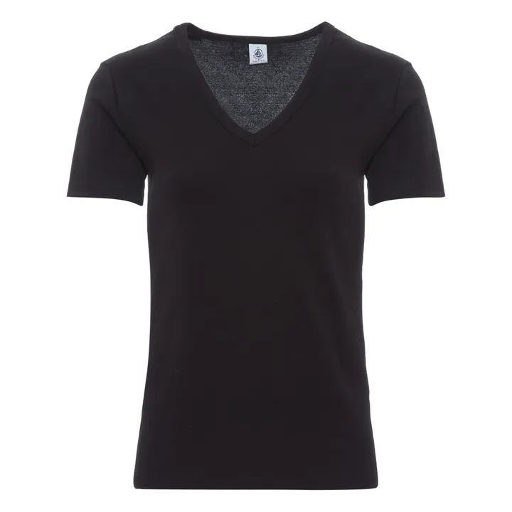 Petit Bateau T-shirt Col V Iconique Coton Bio - Collection Femme  | Noir