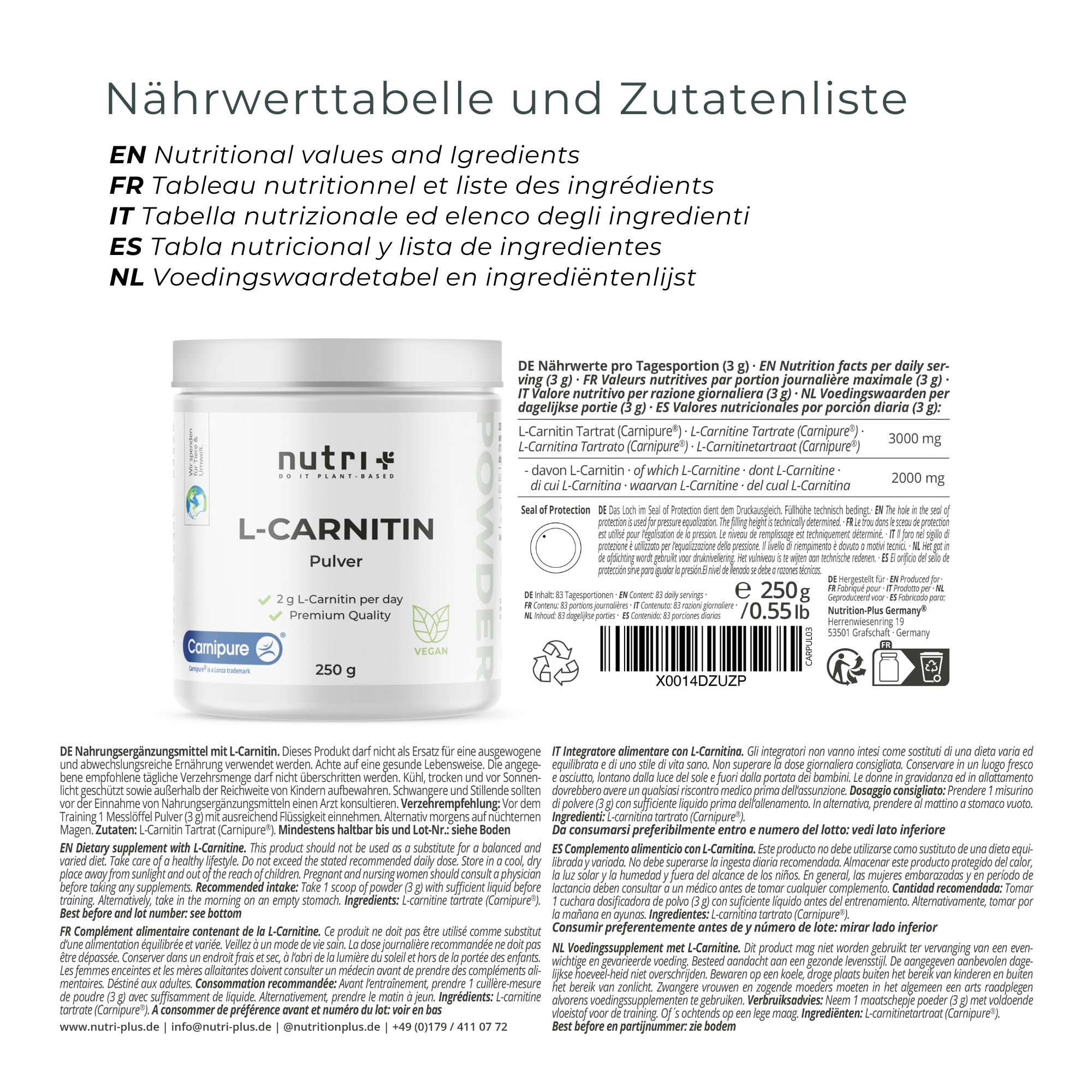 Nutri+ L-Carnitin Pulver 250g (Carnipure®)