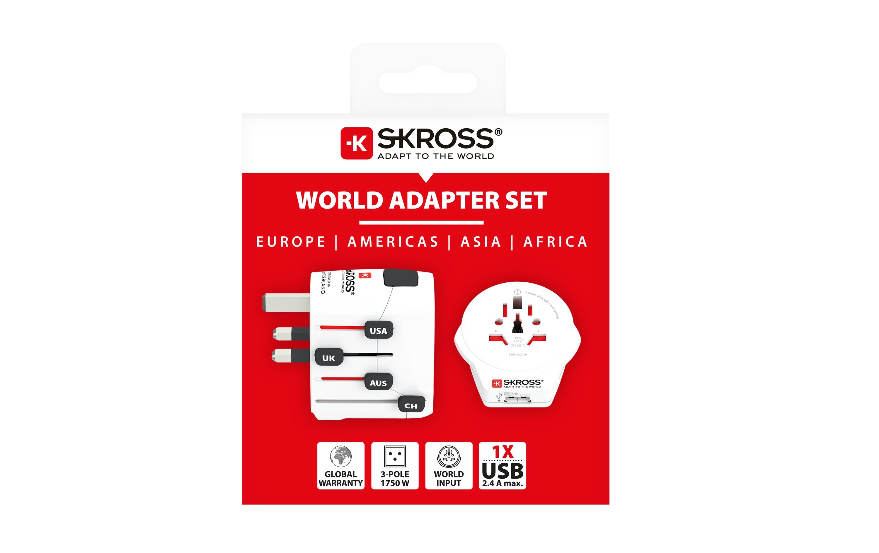 Weltreiseadapter PRO World & USBKompakter 3-poliger Weltreiseadapter mit USB-Anschluss