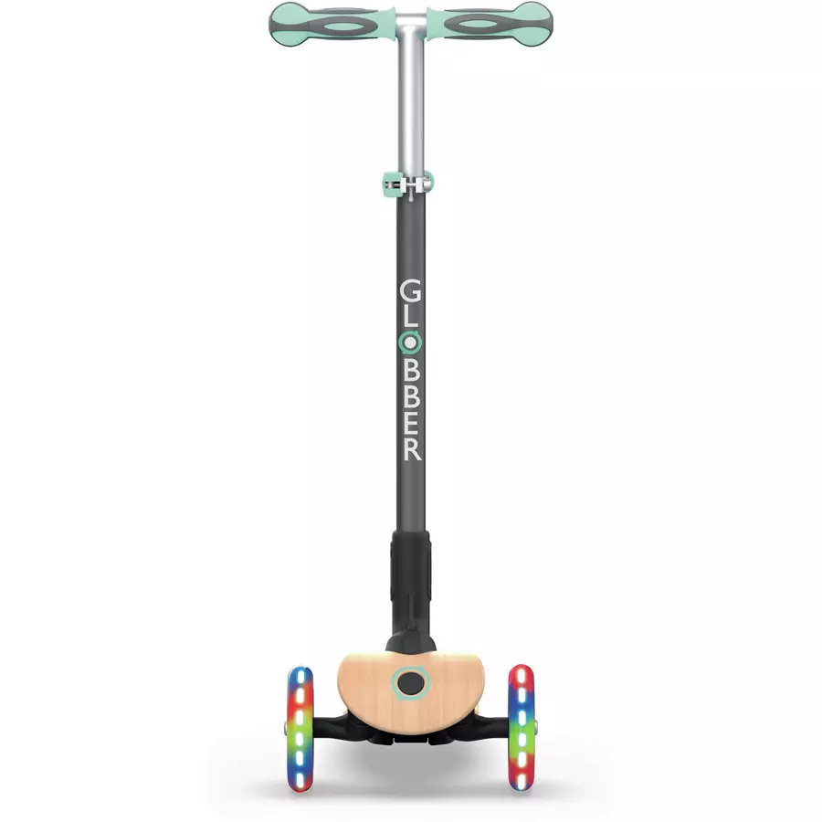 GLOBBER  Scooter PRIMO FOLDABLE WOOD LIGHTS pastell grün - mit Leuchtrollen und Holzdeck