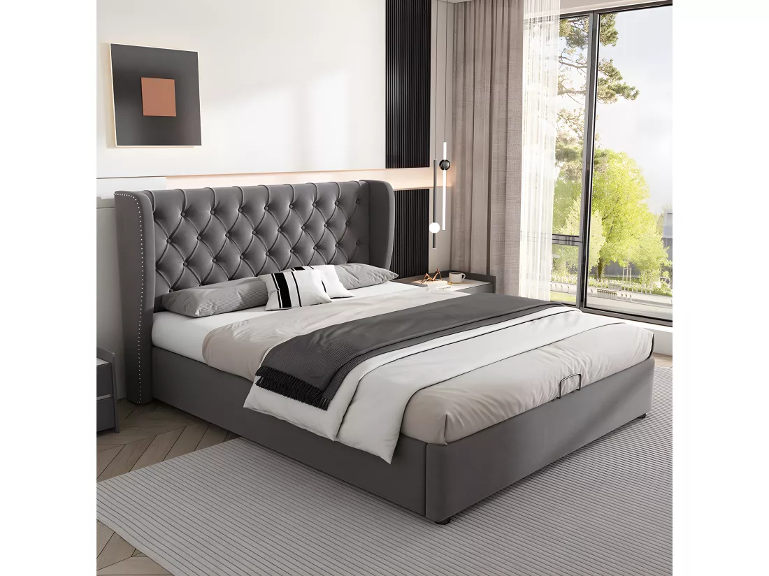 Lit coffre double Lit rembourré en forme d'oreille,velours,140x190cm,Lit fonctionnel hydraulique avec sommier à lattes et espace de rangement,Gris