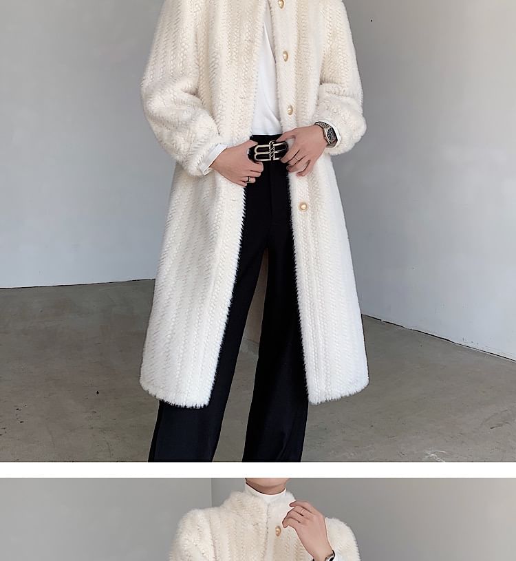Freehop - Effen fleece midi-jas met opstaande kraag en enkele rij knopen