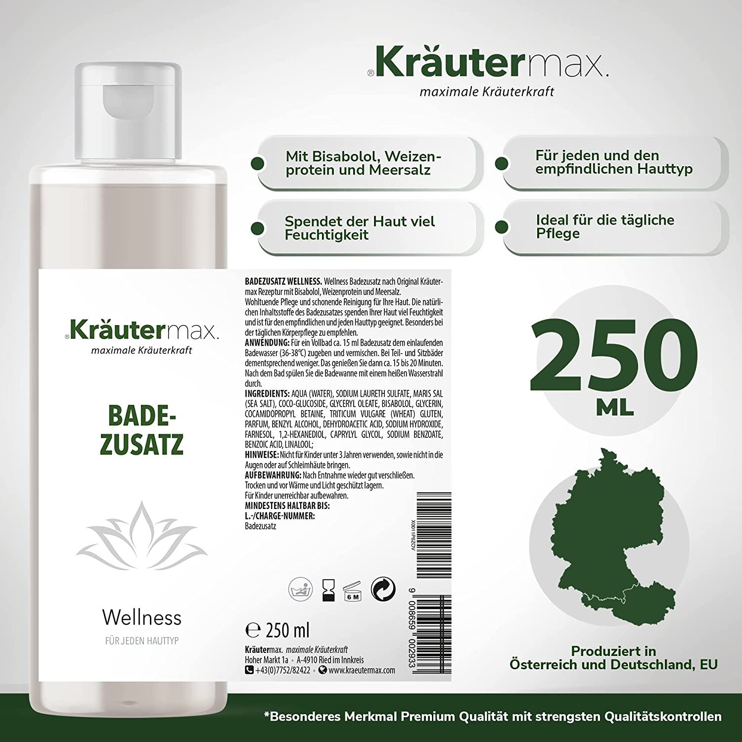 Kräutermax Badezusatz Wellness mit Bisabolol, Weizenprotein und Meersalz