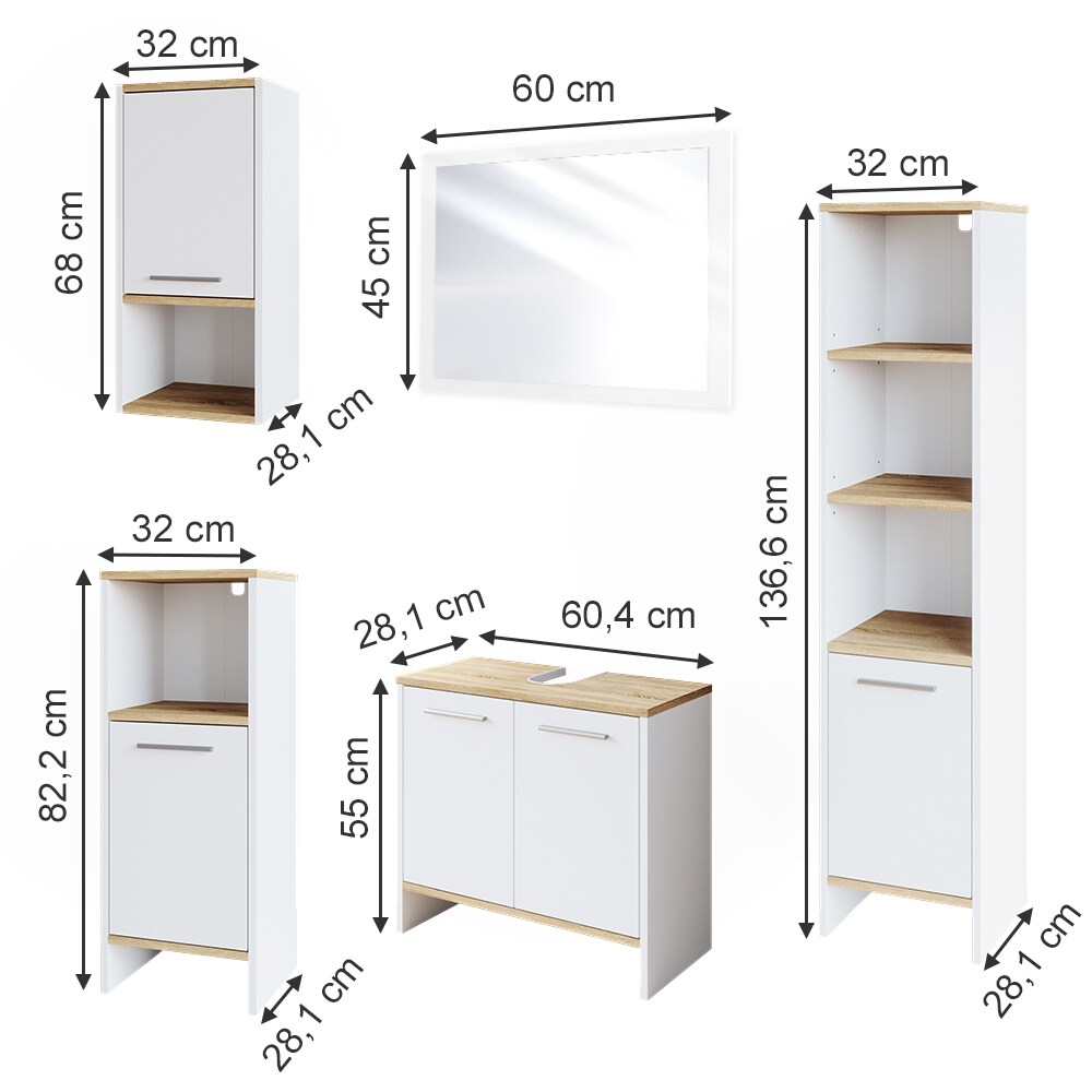 Vicco Badmöbelset Waschtischunterschrank Badspiegel Midischrank Hochschrank Hängeschrank Elvio Weiß Sonoma