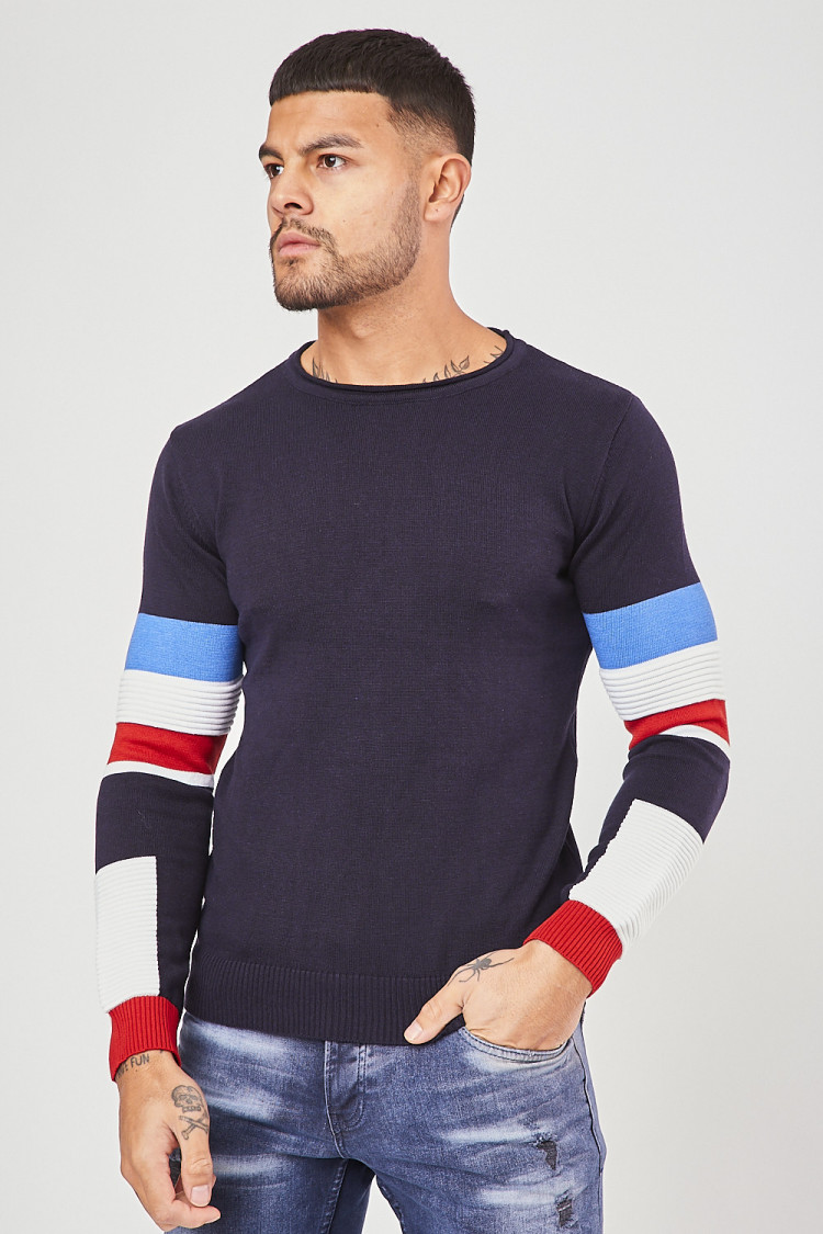 Pull fin à bandes bleu