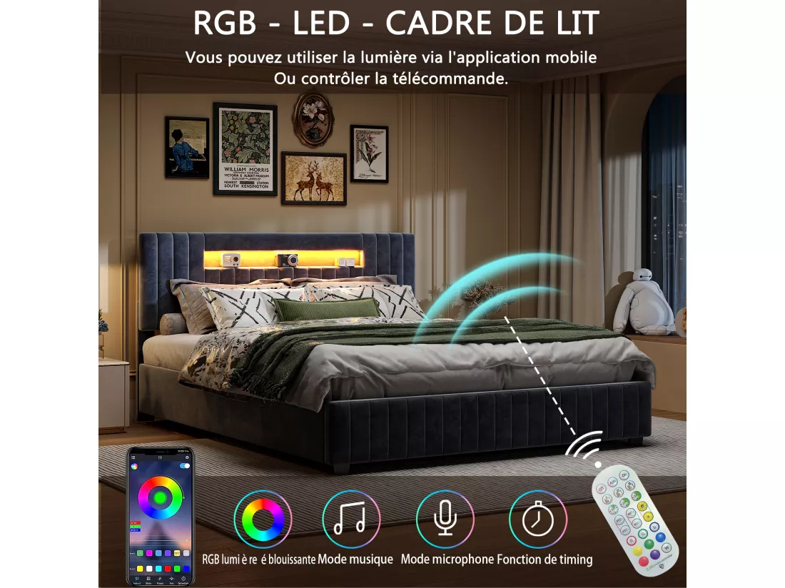 Lit coffre 140x200cm - Lit double avec sommier à lattes et tête de lit LED avec rangemet, en tissu velours gris