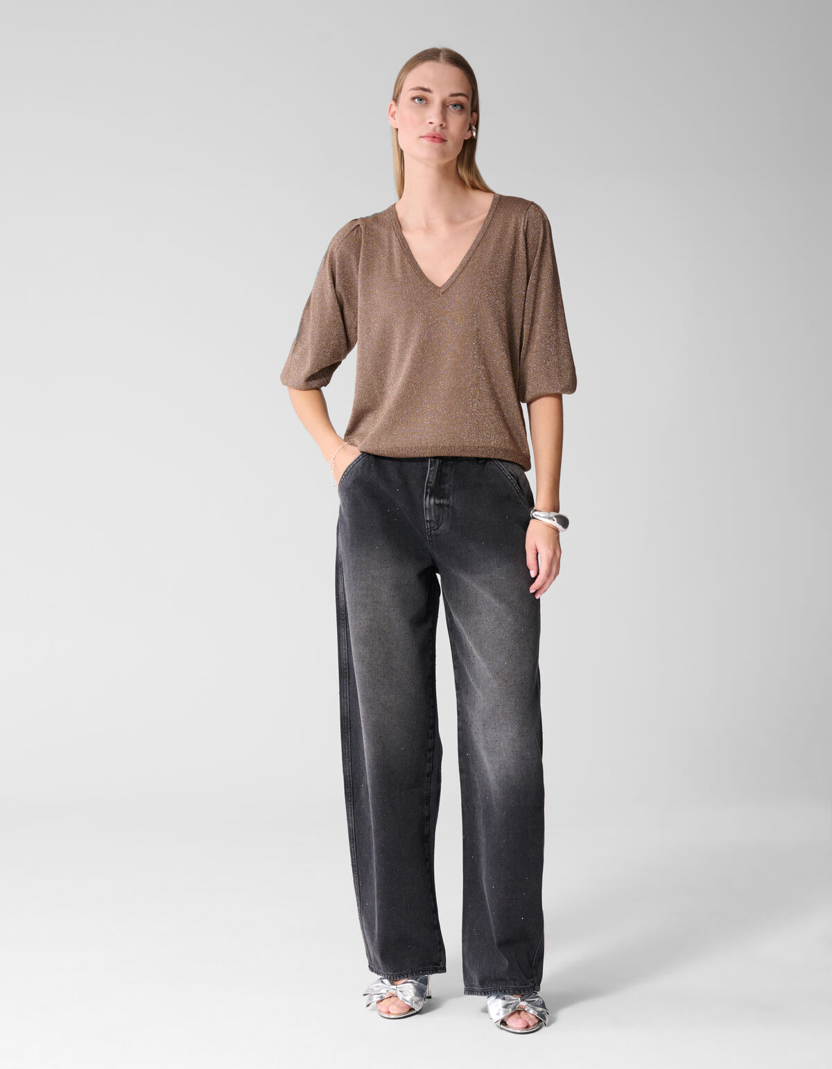 Glitter V-hals Gebreide Trui Taupe
