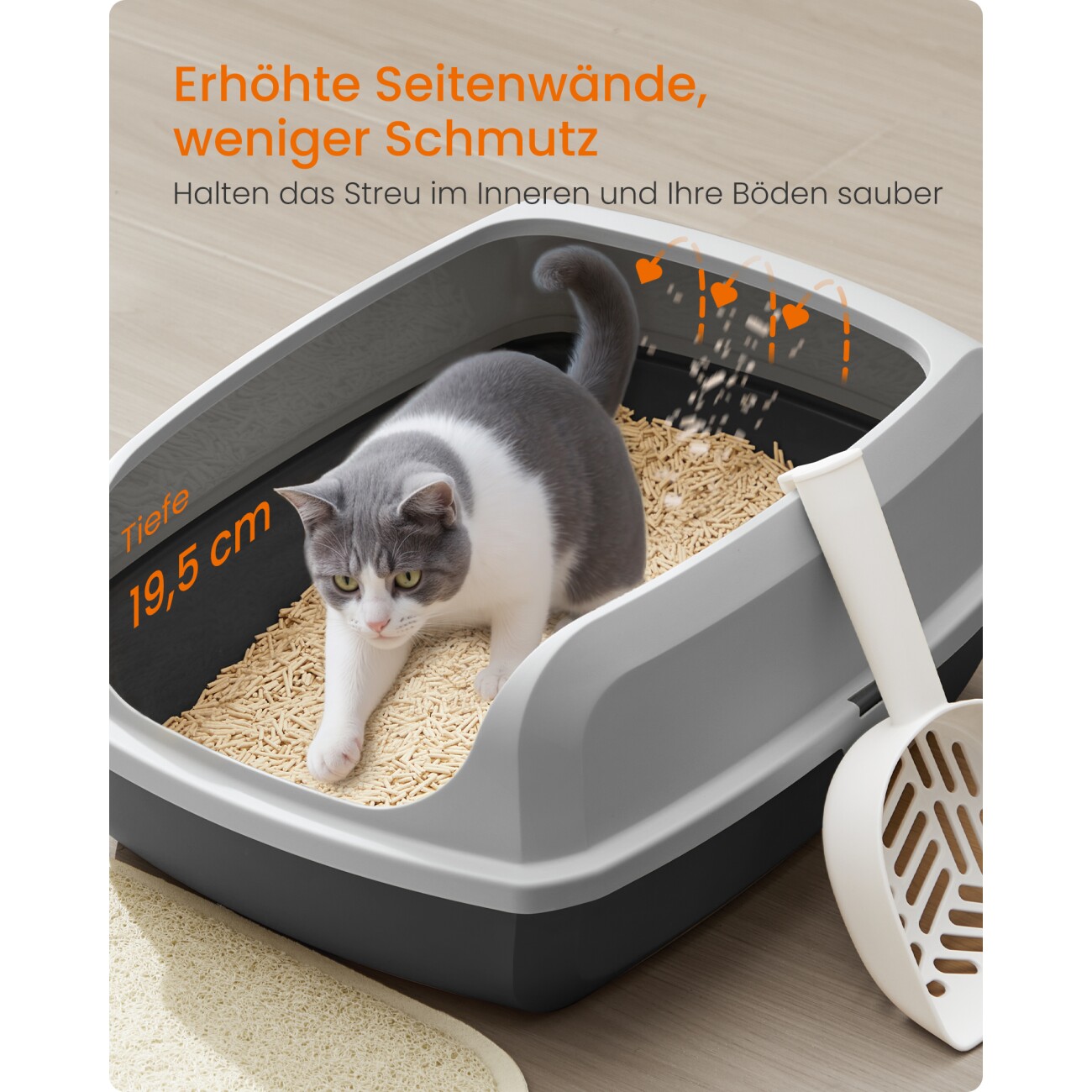 FEANDREA Katzenklo mit hohen Seitenwänden, offene Katzentoilette, mit Schaufel