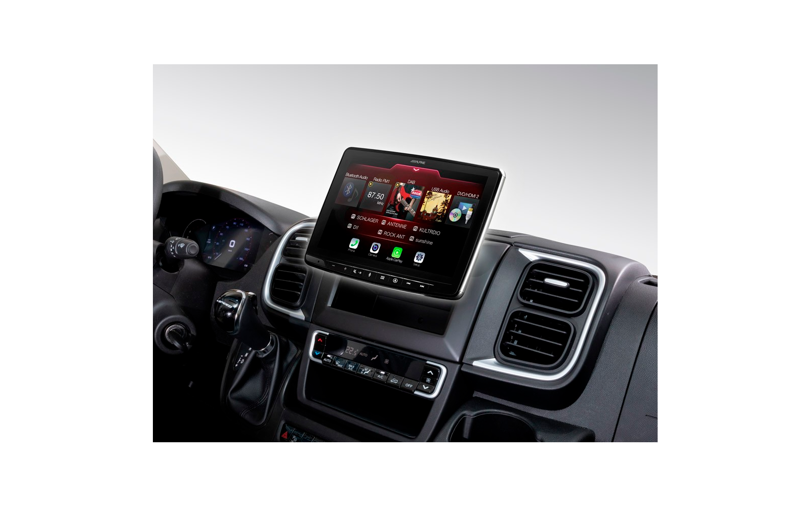Navigationssystem INE-F904DU8 mit 9-Zoll Touchscreen für Ducato 8, 1-DIN-Einbaugehäuse, DAB+, Apple CarPlay und Android Auto Unterstützung und mehr